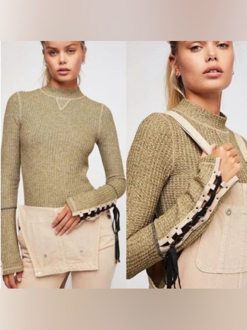 Free People Mountaineer waffle thermal top sage green  lace-up cuffs Sz small